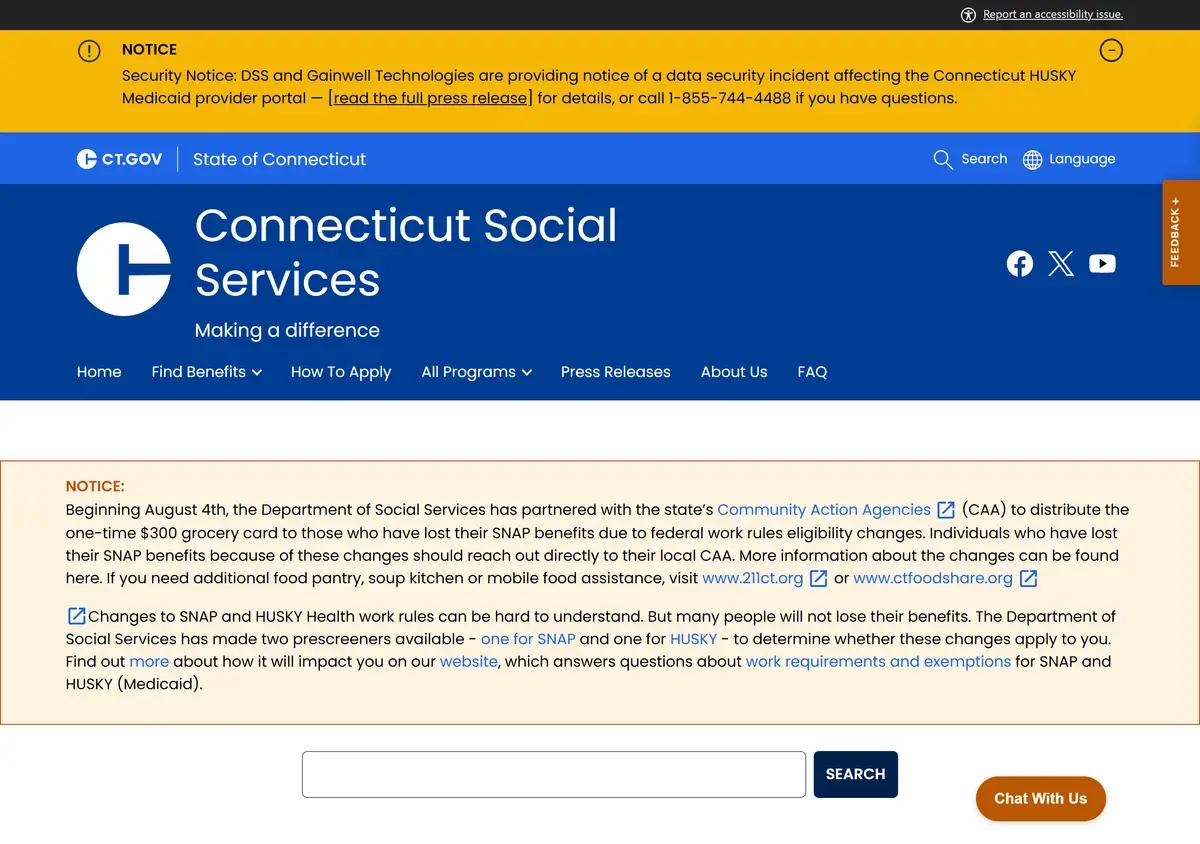 The Connecticut DSS Temporary Family Assistance page.