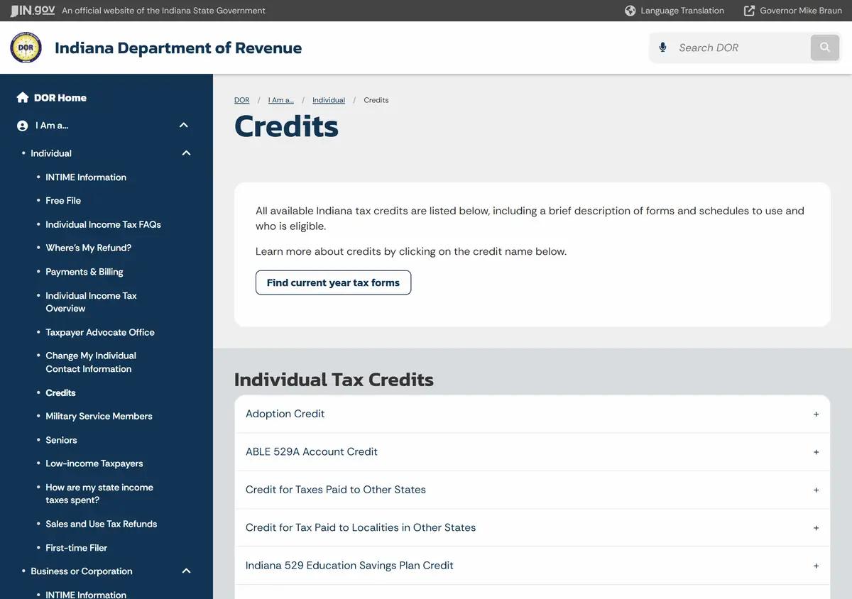The Indiana Department of Revenue individual tax credits page.