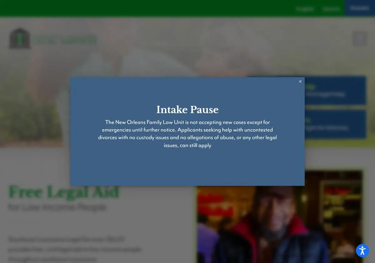 The Southeast Louisiana Legal Services homepage.