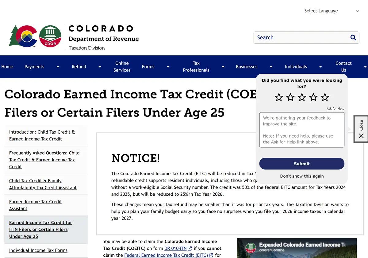 The Colorado Department of Revenue EITC page.