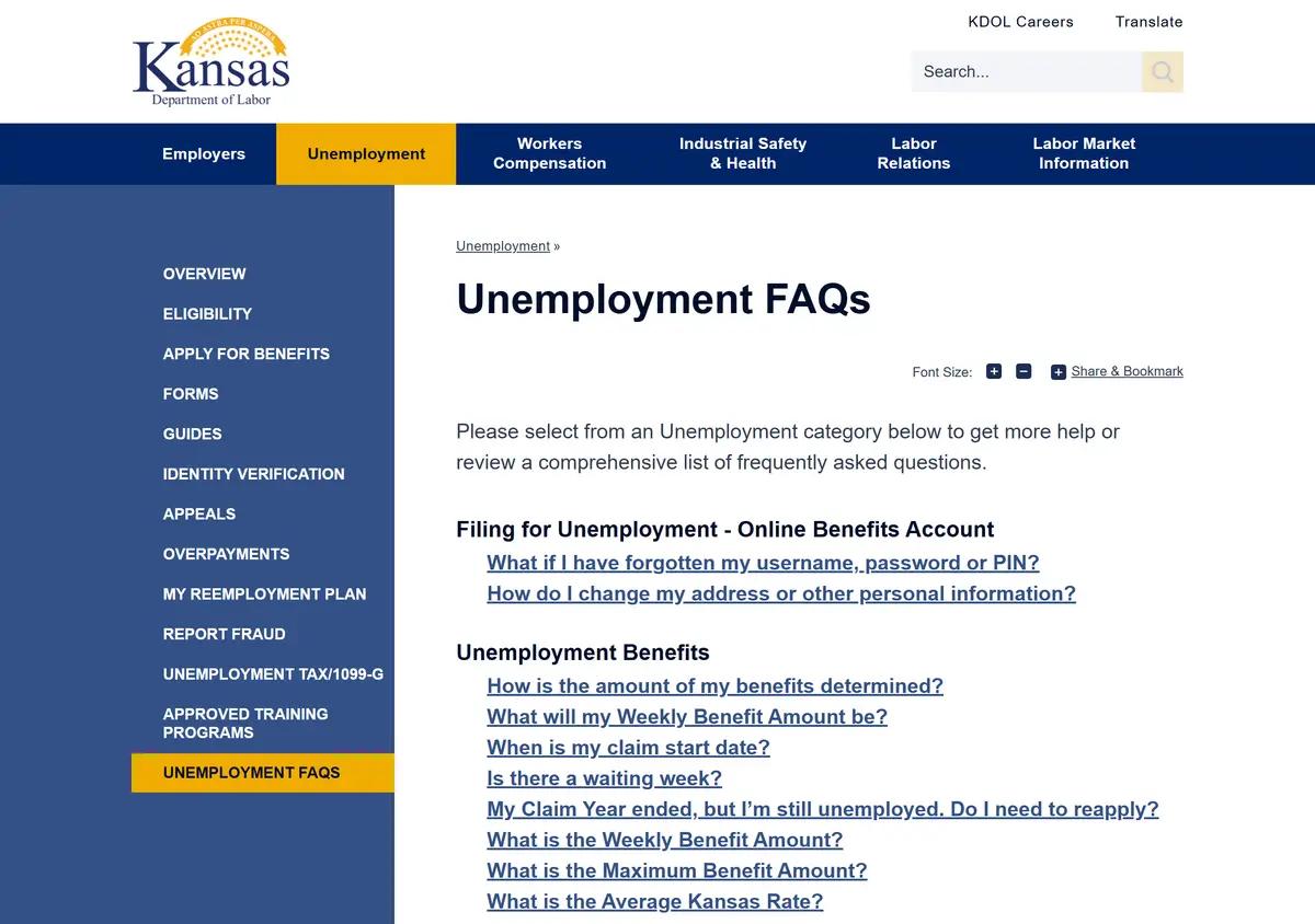 The Kansas Department of Labor unemployment FAQ page.
