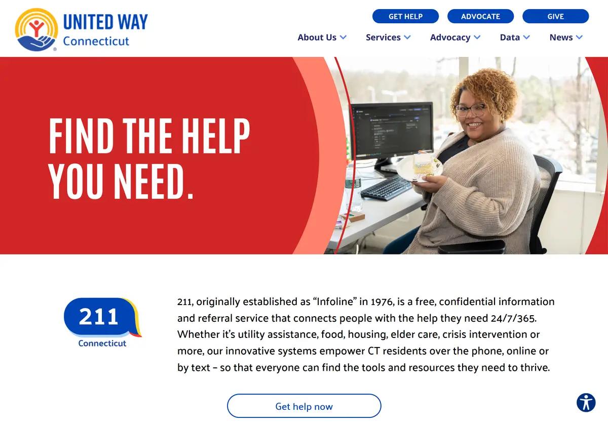 The United Way of Connecticut 211 service page.