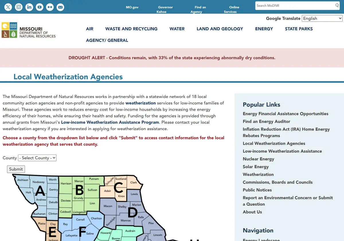 The Missouri DNR weatherization local agencies page.