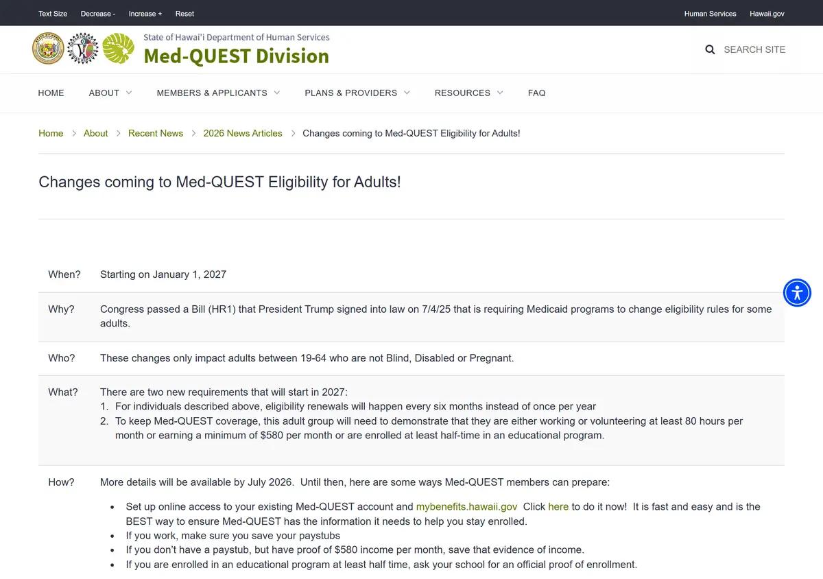 The Med-QUEST notice about eligibility changes coming for adults in 2027.