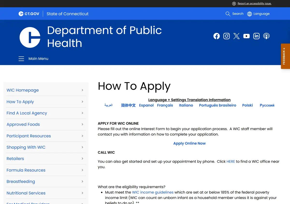 The Connecticut WIC how-to-apply page.