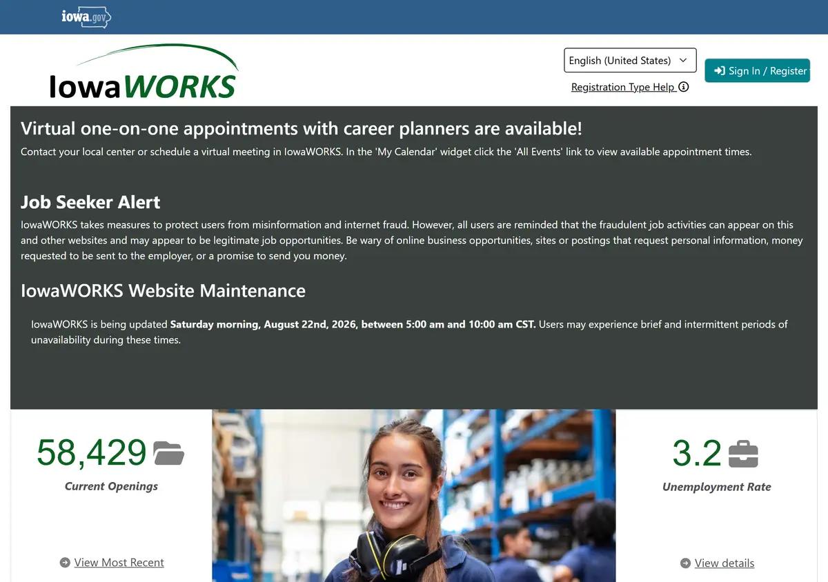 The IowaWORKS homepage where unemployment claims are filed.