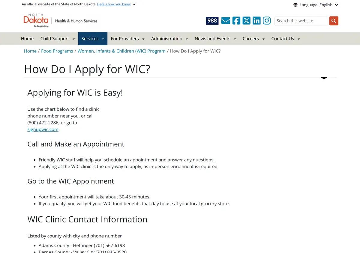 The North Dakota WIC how-to-apply page.