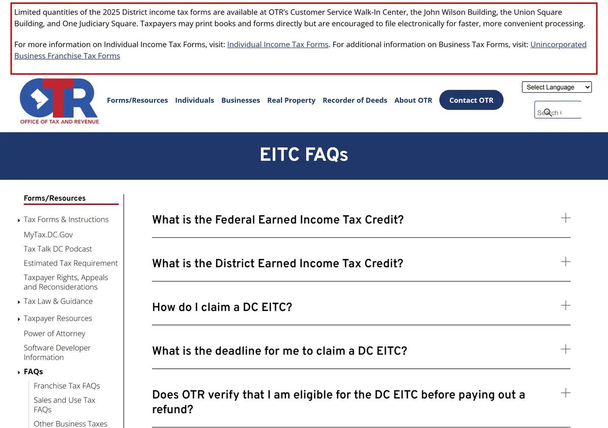 The DC Office of Tax and Revenue EITC frequently asked questions page.