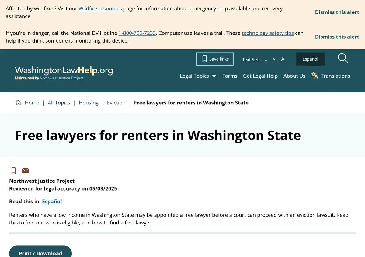 The Washington Law Help page on free lawyers for renters.