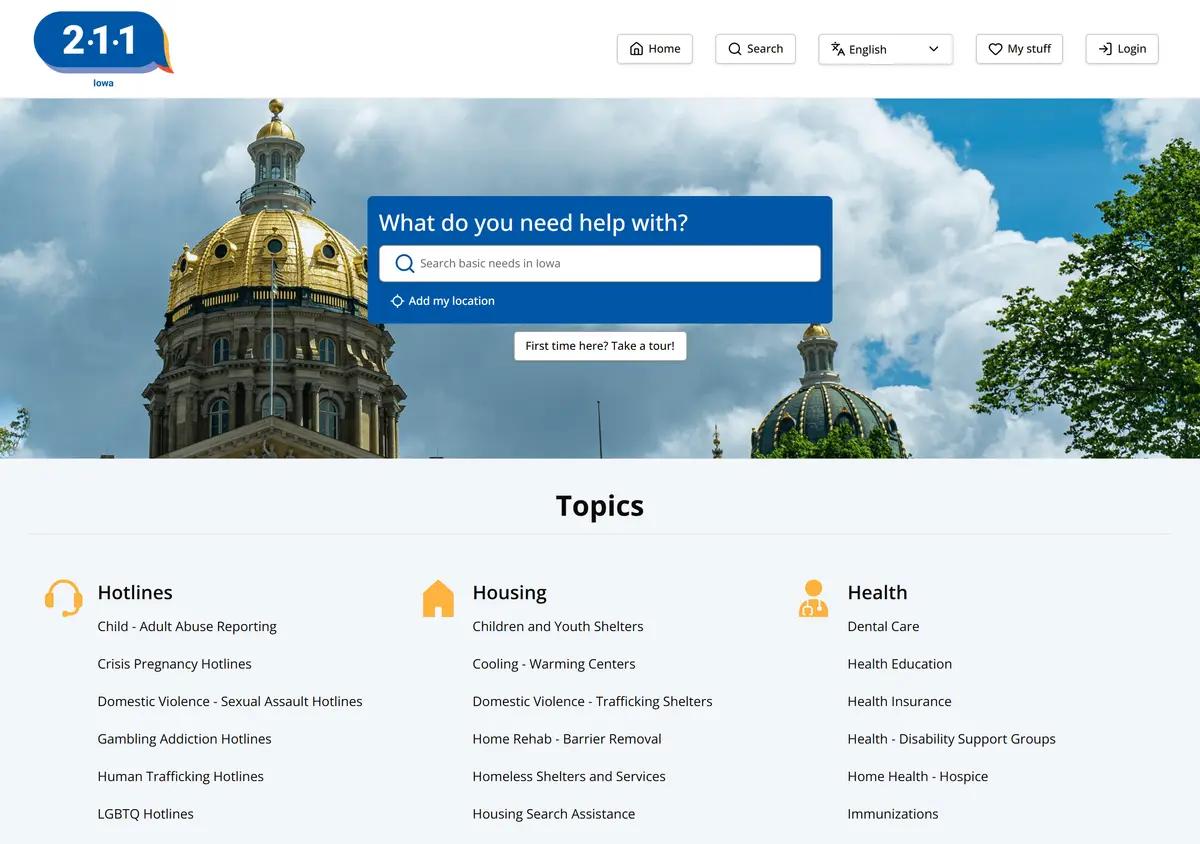 The 211 Iowa online resource directory search page.