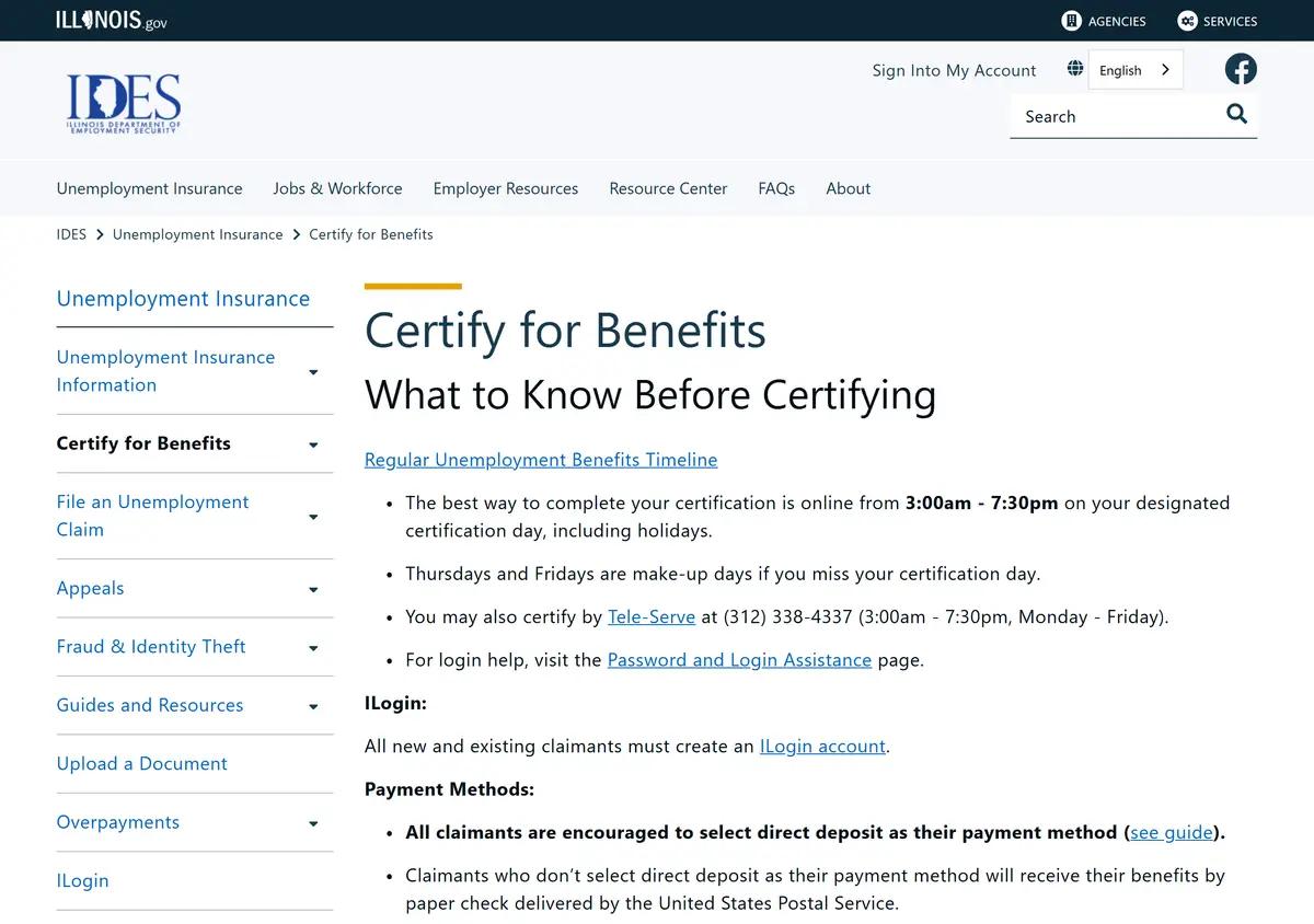 The IDES certification page explaining biweekly certification.