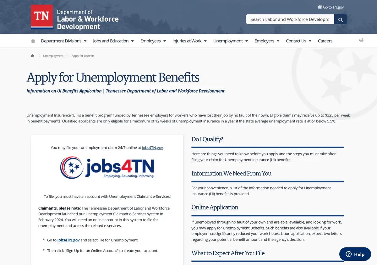 The Tennessee unemployment apply-for-benefits page.