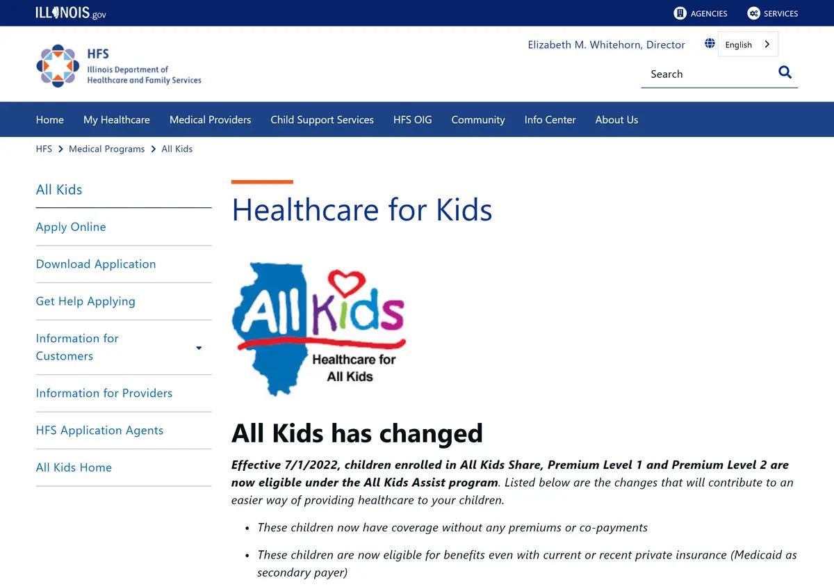 The Illinois HFS All Kids program page.
