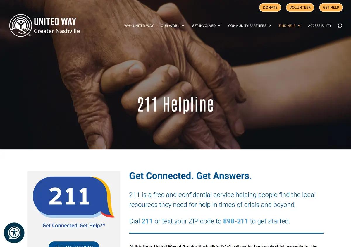 The United Way of Greater Nashville 211 helpline page.