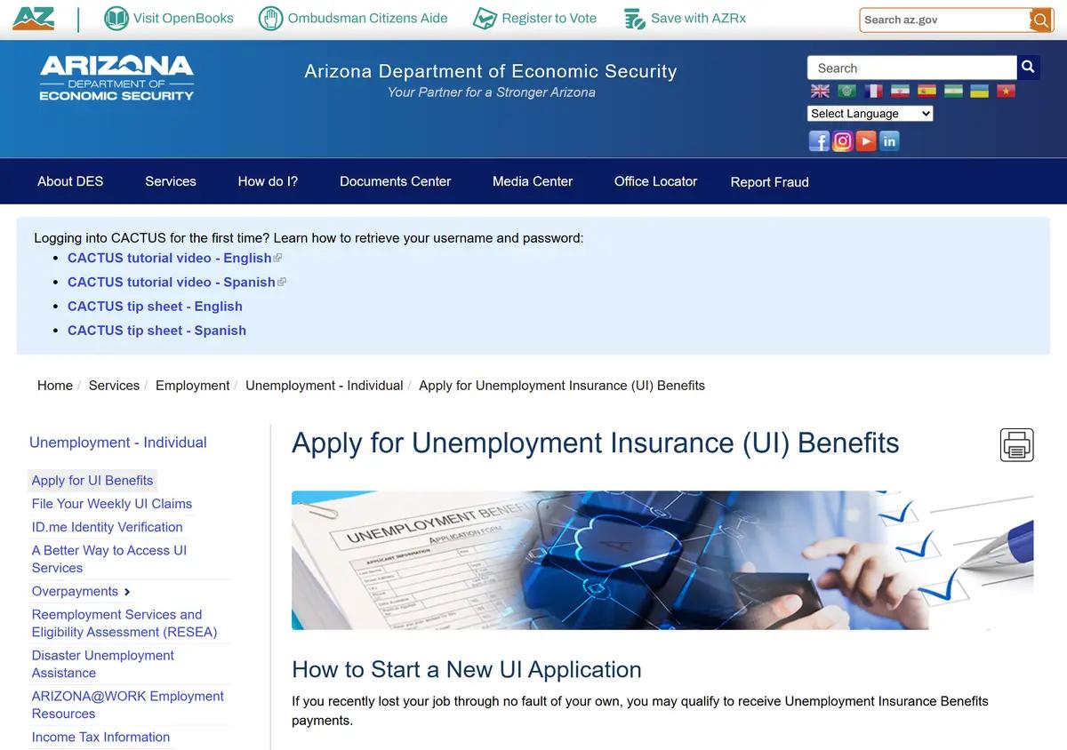 The DES apply-for-UI-benefits page.