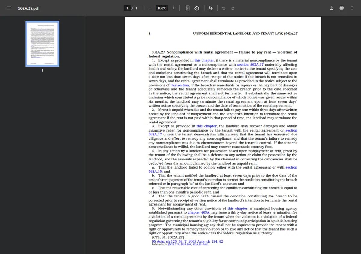 The Iowa Code section on ending a tenancy for nonpayment.