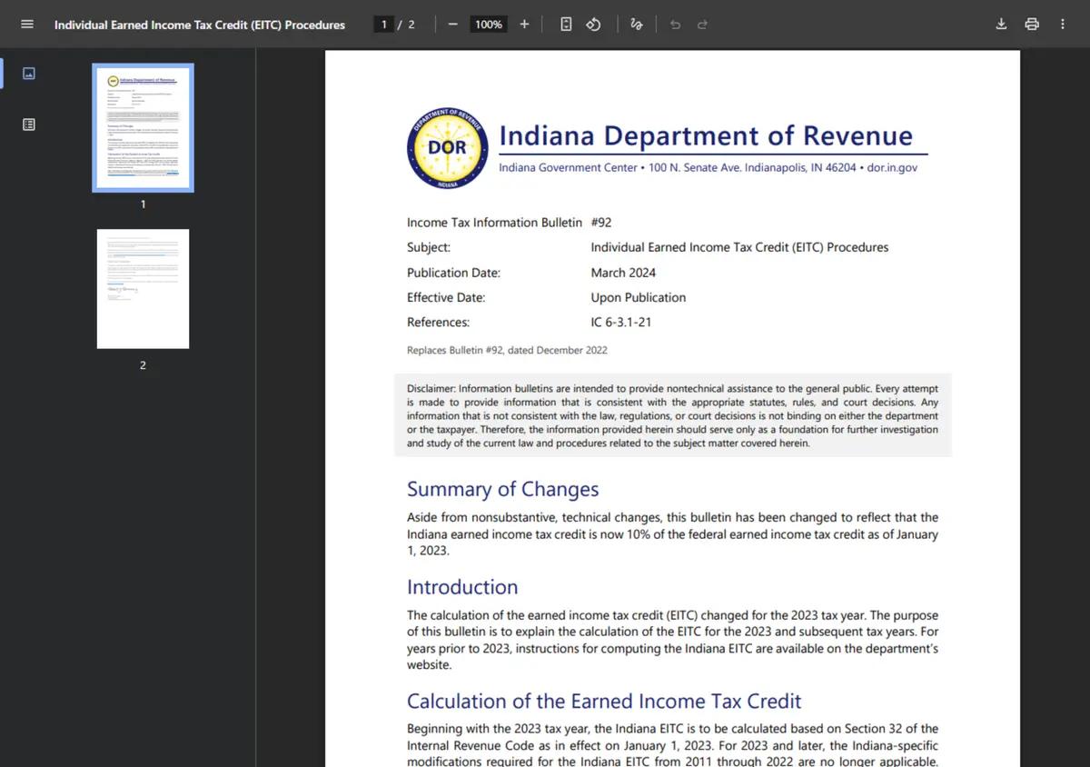 The Indiana Department of Revenue EITC information bulletin.