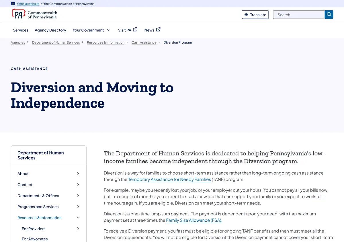 The Pennsylvania DHS Diversion Program page describing the one-time payment alternative.