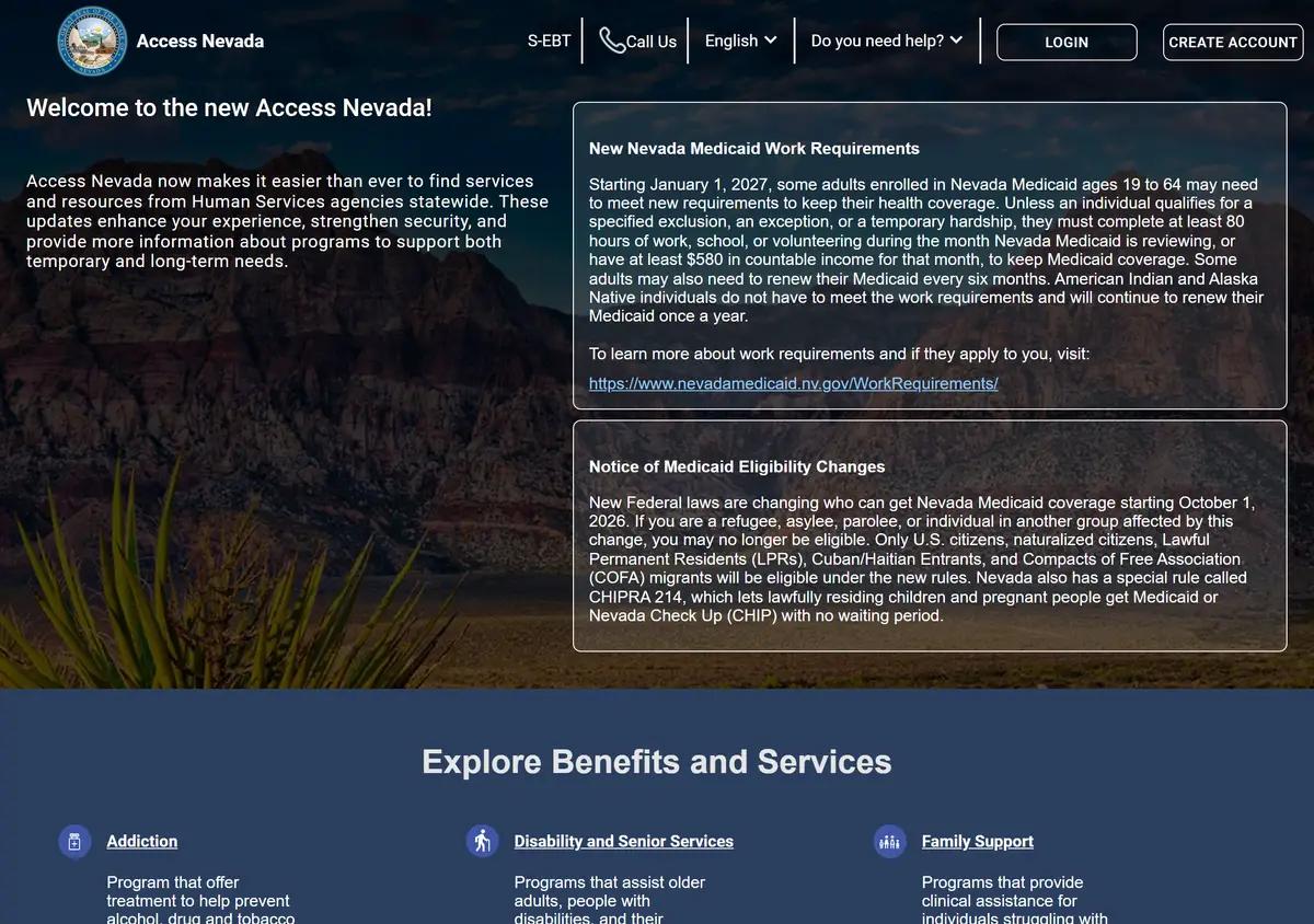The Access Nevada benefits portal landing page.