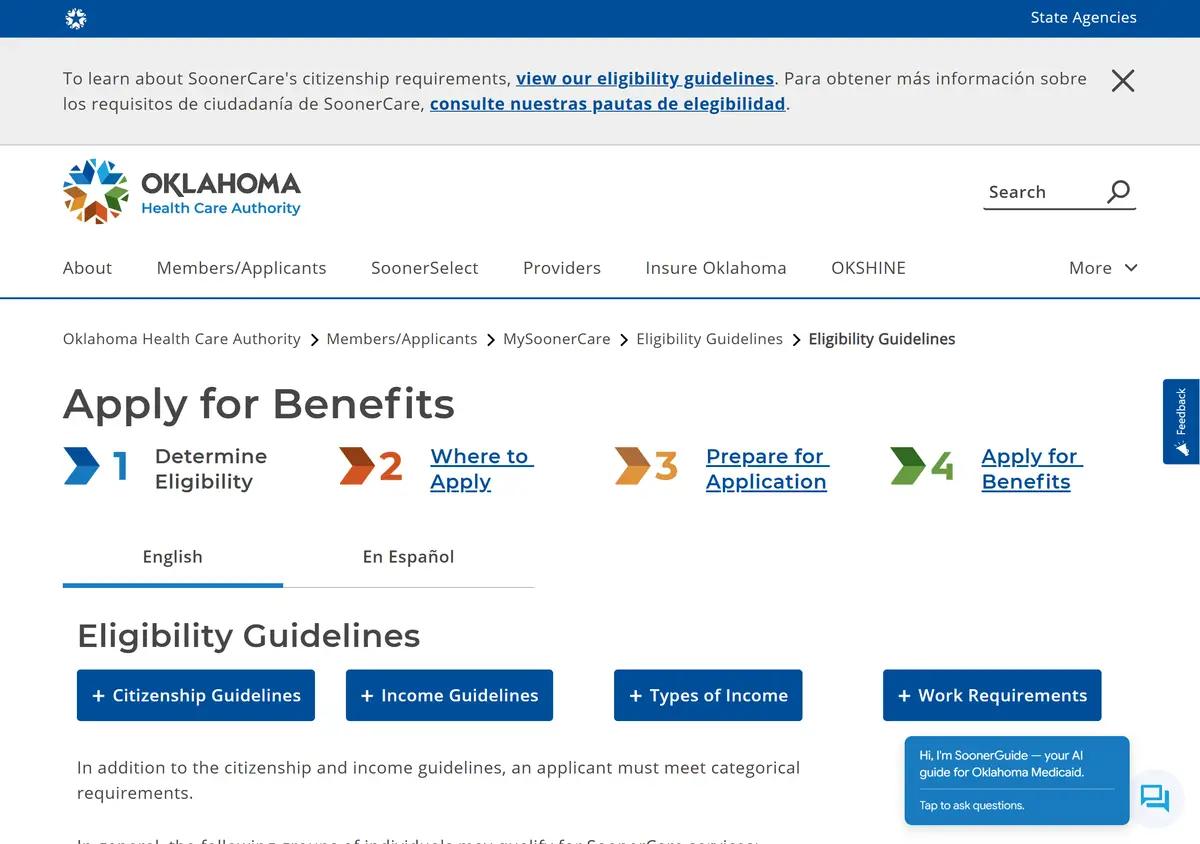 The MySoonerCare apply-for-SoonerCare page.