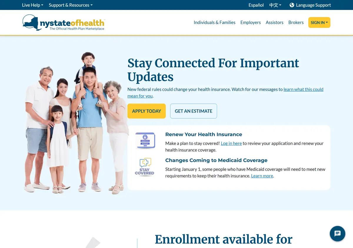 The NY State of Health marketplace homepage where parents apply for Child Health Plus.