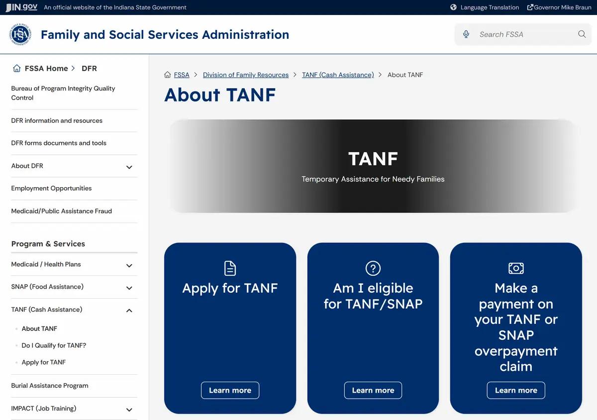 The Indiana About TANF page.
