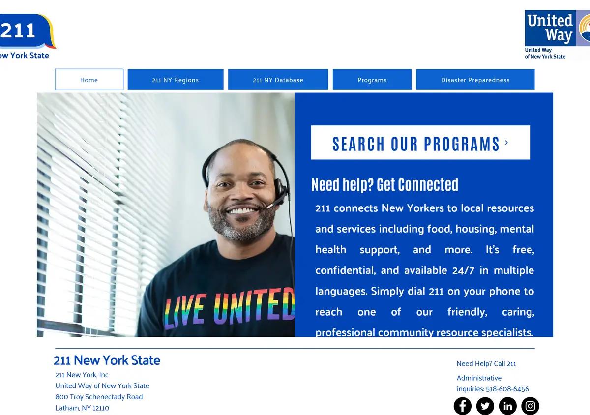 The 211 New York homepage with dial, text, and search options.