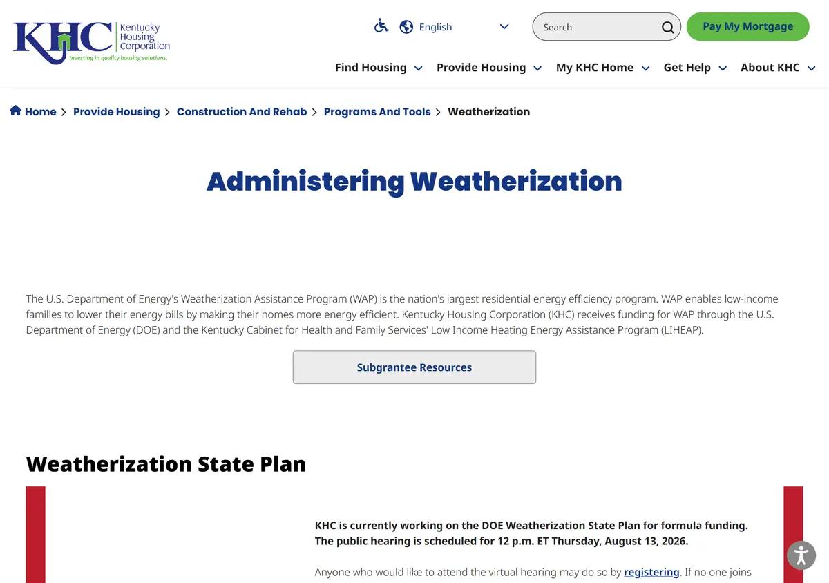 The Kentucky Housing Corporation weatherization page.