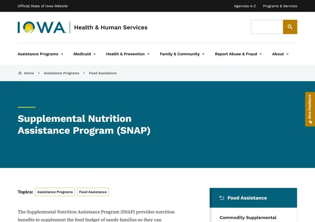 The Iowa HHS SNAP food assistance page.