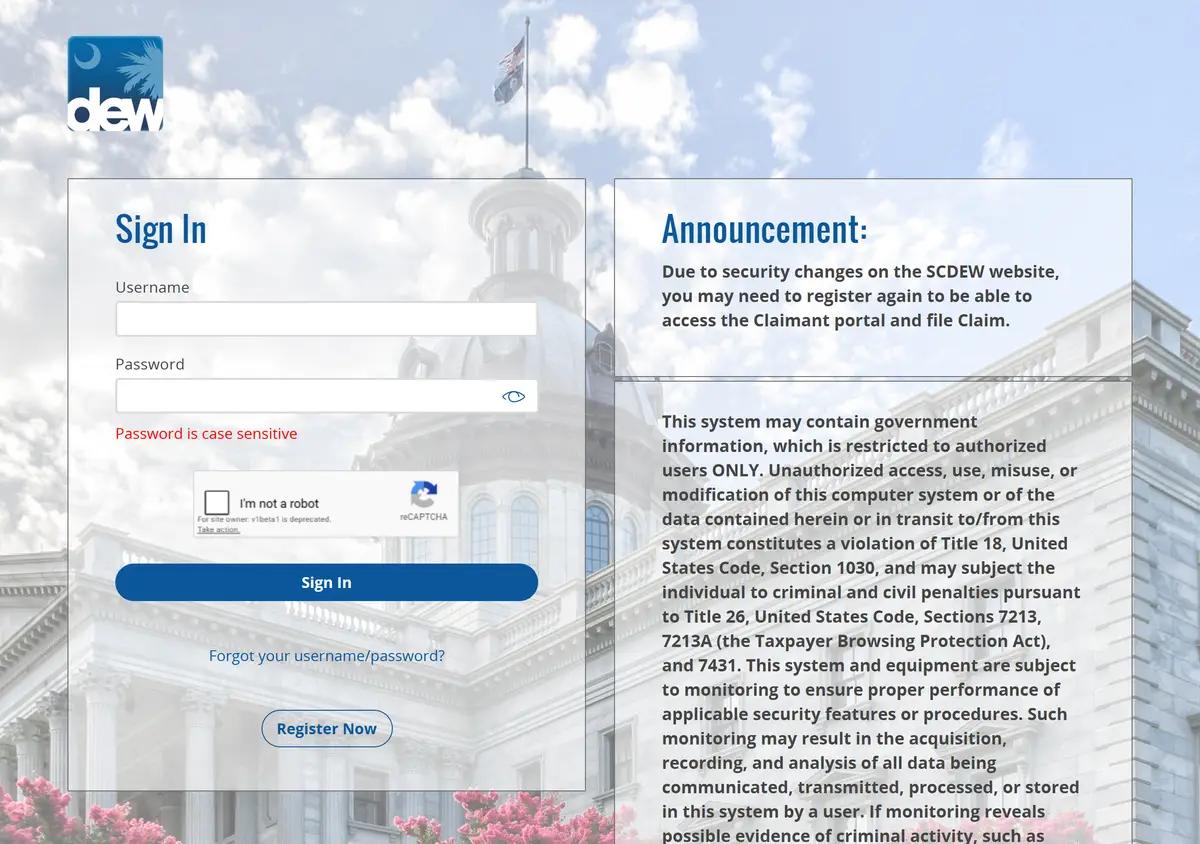 The South Carolina DEW MyBenefits claimant portal.