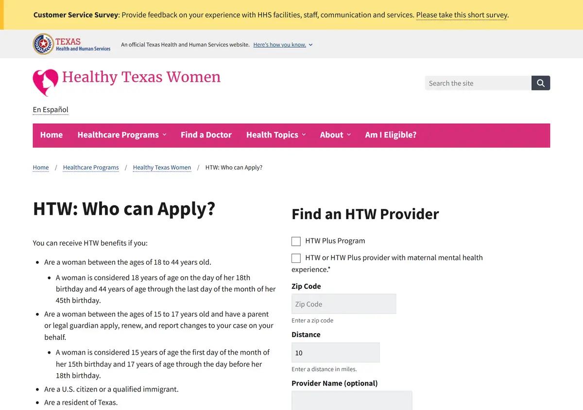 The Healthy Texas Women who-can-apply page.