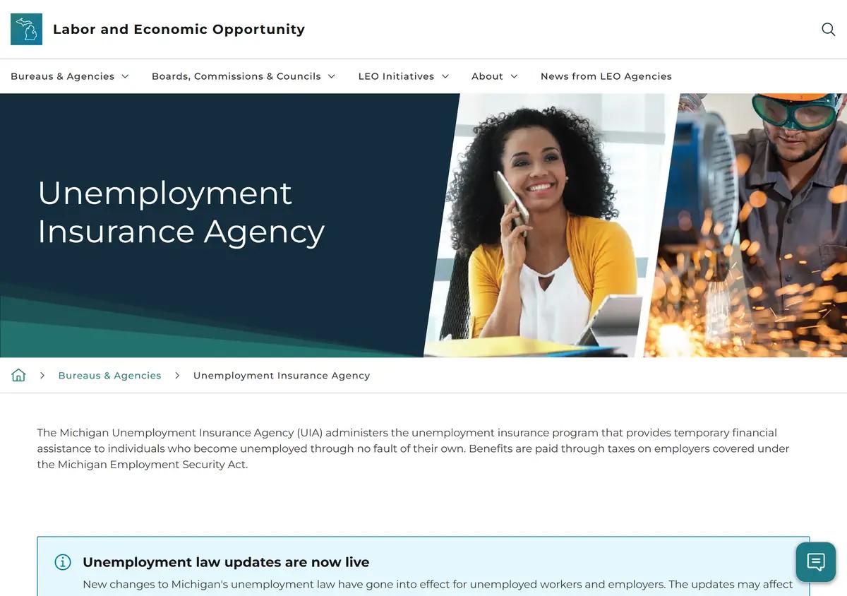 The Michigan UIA unemployment page linking to MiWAM.