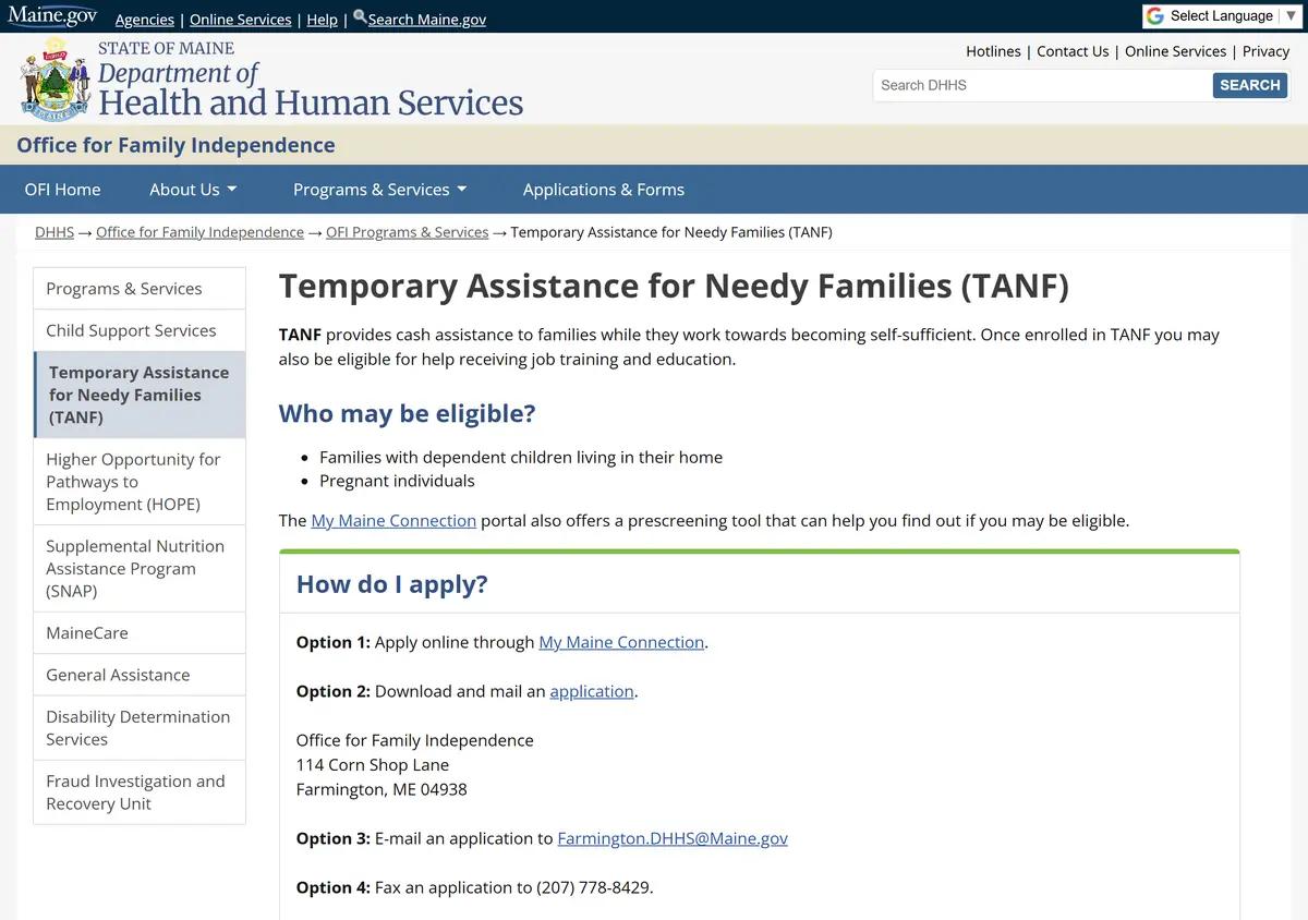 Maine's TANF program page.
