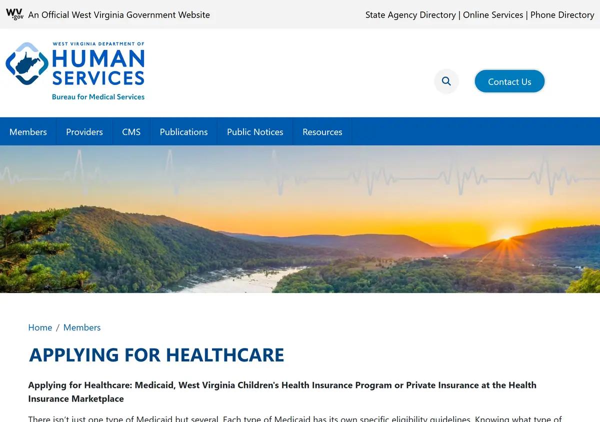 The Bureau for Medical Services Applying for Healthcare page.
