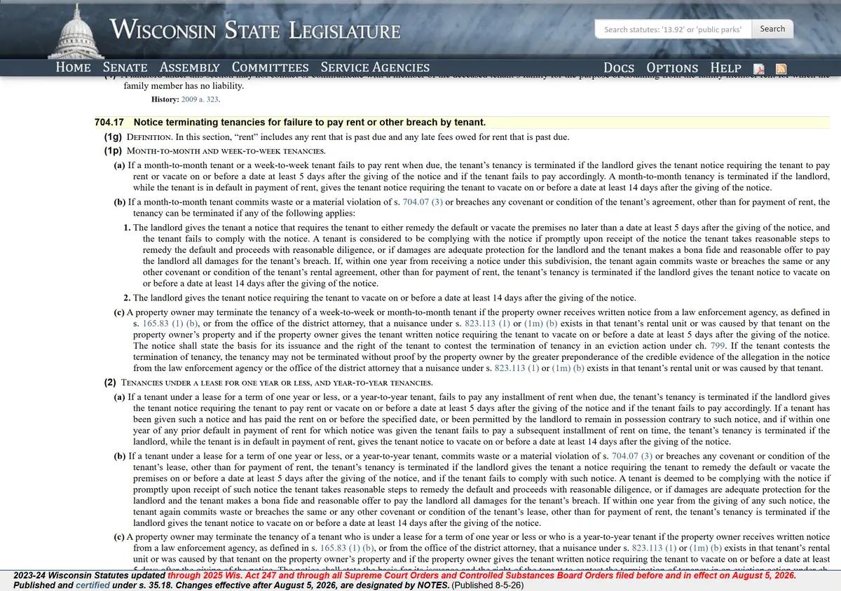Wisconsin Statute 704.17 on notices terminating tenancies for failure to pay rent.