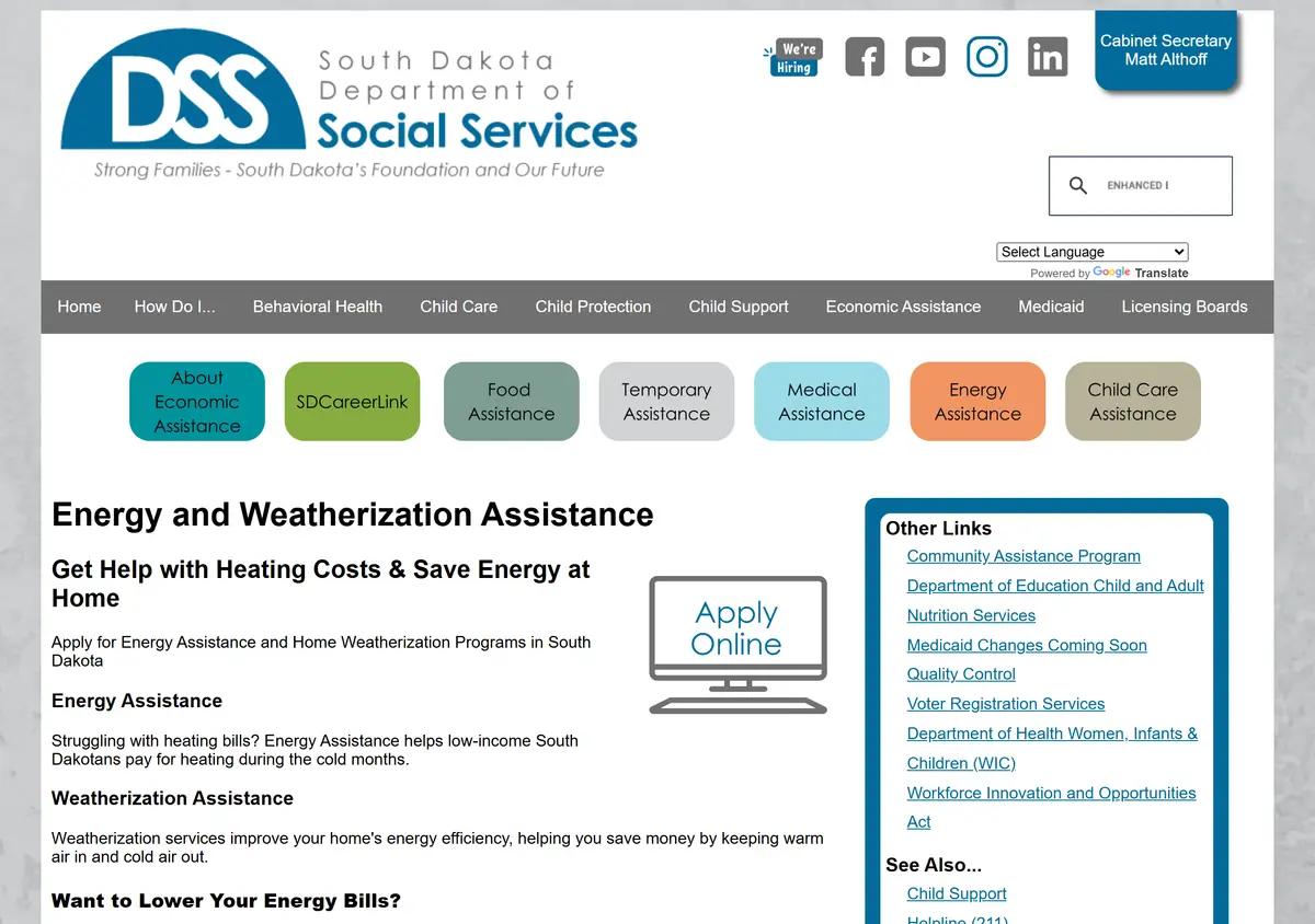 The South Dakota DSS energy and weatherization assistance page.
