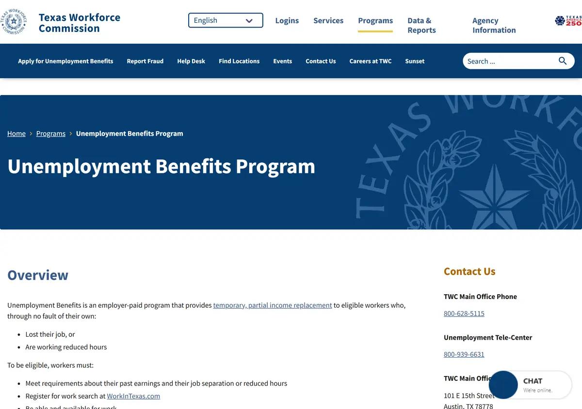 The Texas Workforce Commission unemployment benefits page.
