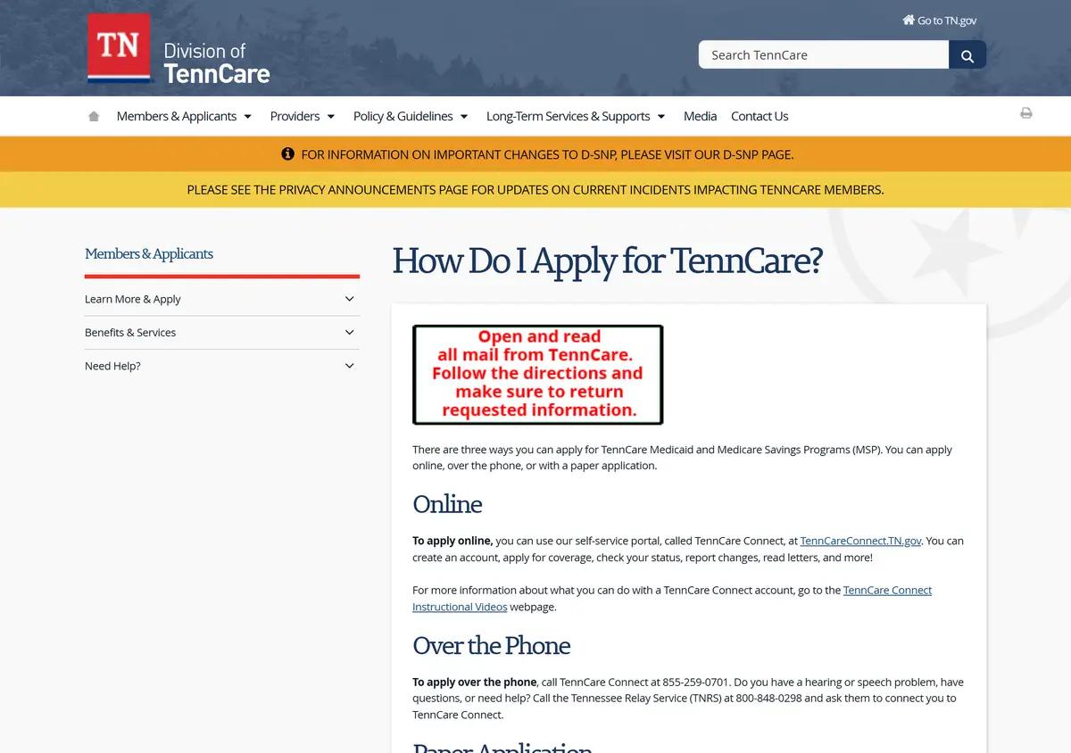 The TennCare how-do-I-apply page.
