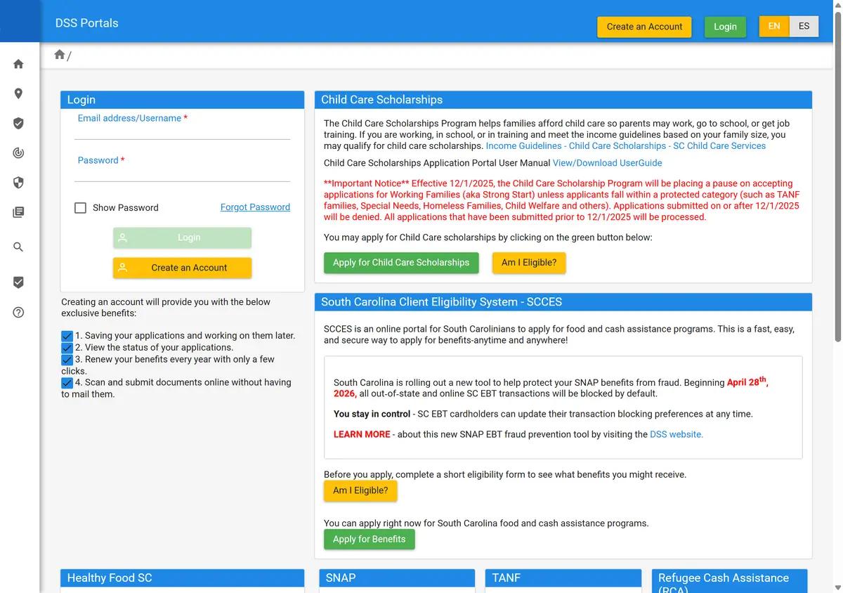 The South Carolina DSS Benefits Portal login.