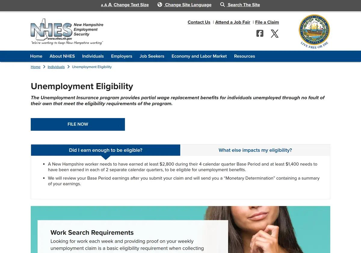 The New Hampshire Employment Security eligibility page.