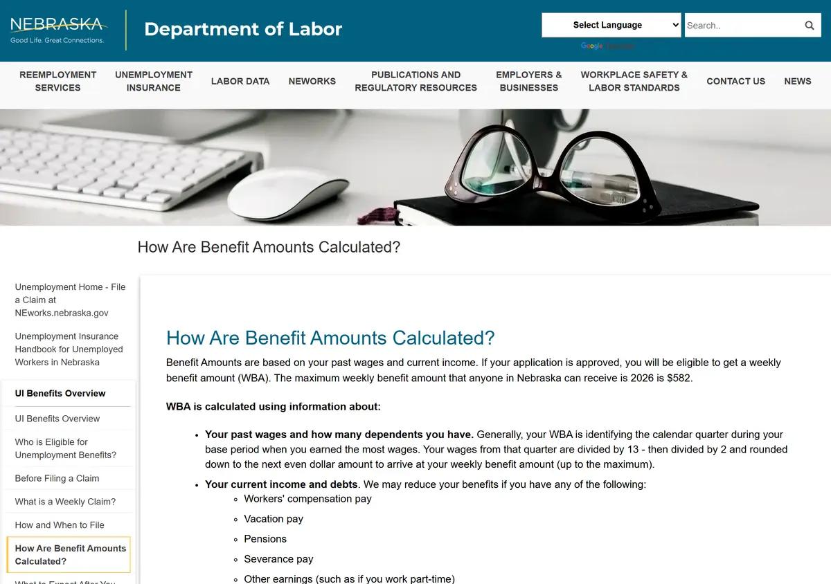 The Nebraska Department of Labor benefit-amounts page.
