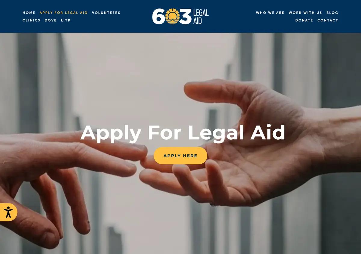The 603 Legal Aid apply-for-legal-aid page.
