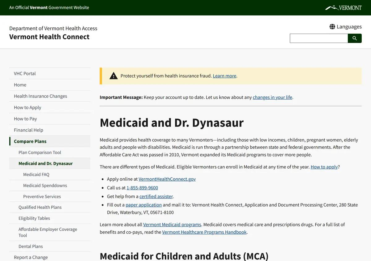 The Vermont Health Connect page comparing Medicaid and Dr. Dynasaur.