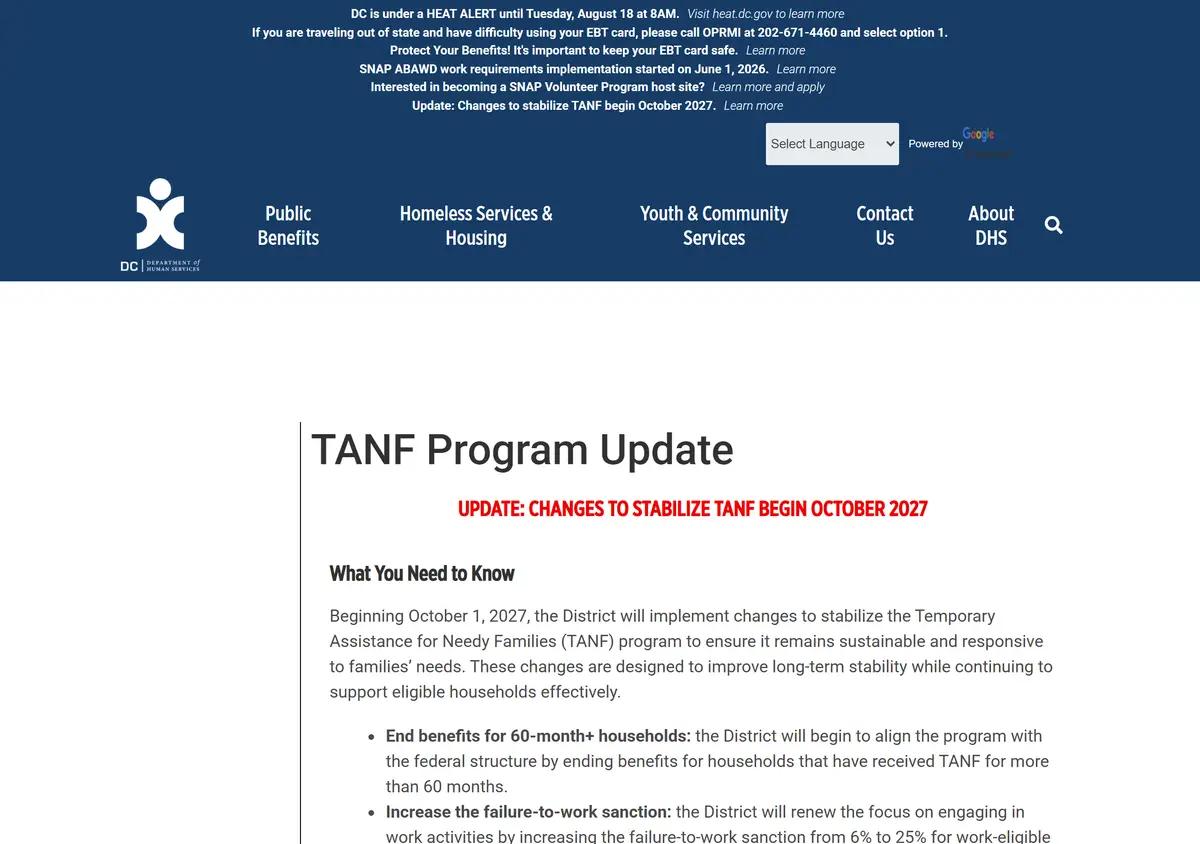 The DC TANF program update page describing the coming 60-month limit.
