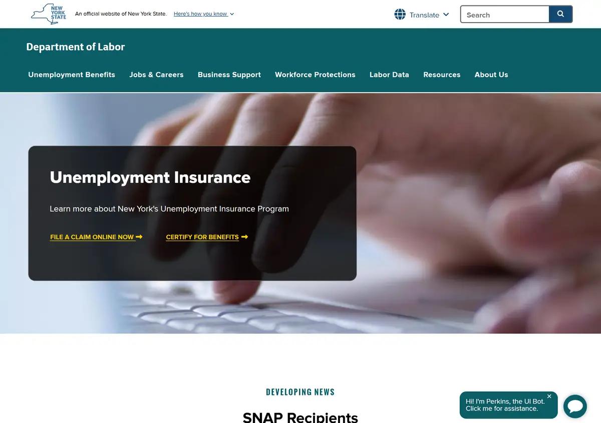 The NYS Department of Labor unemployment insurance assistance page with the File a Claim Online link.