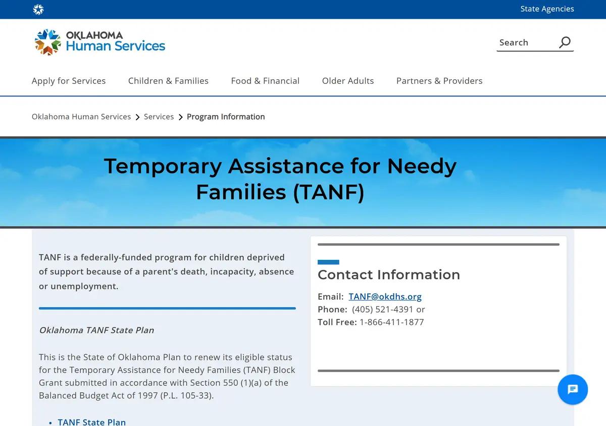 The Oklahoma Human Services TANF page.