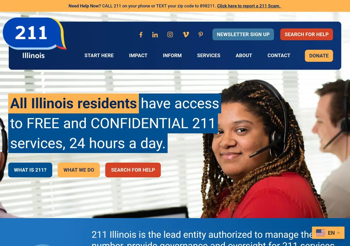 The 211 Illinois homepage with call, text, and search options.