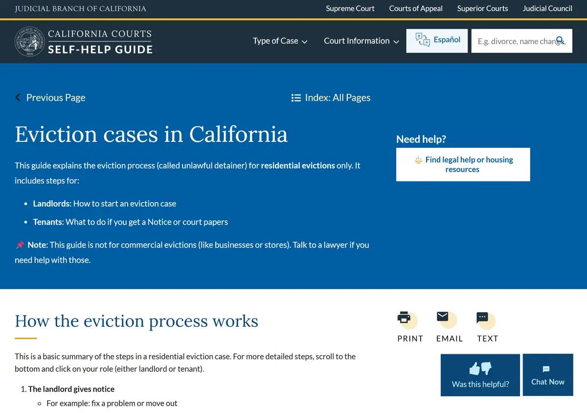 The California Courts eviction self-help page.