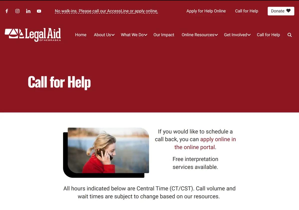 The Legal Aid of Nebraska call-for-help page.