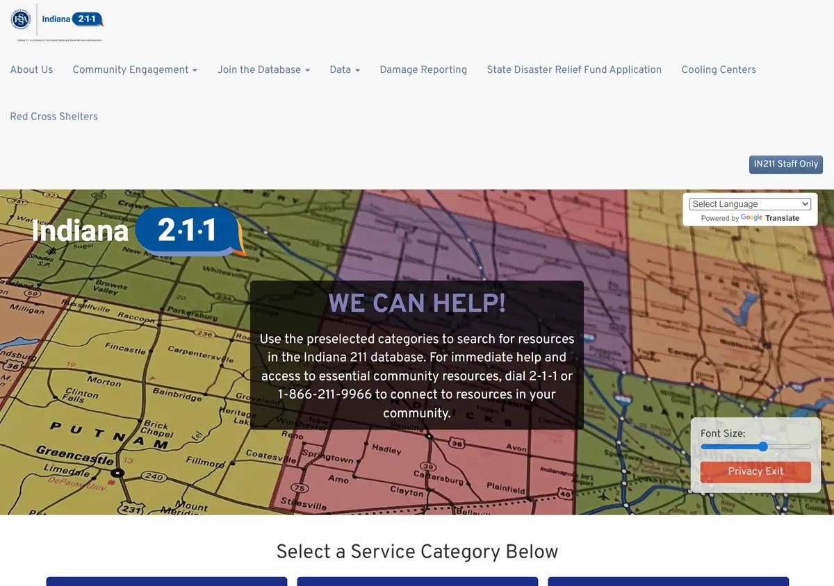 The Indiana 211 homepage.